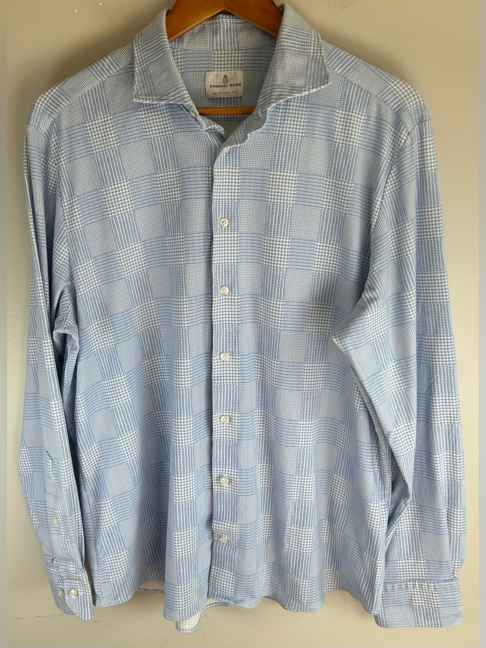 Emanuel Berg Mens Button Down Shirt XL Blue Modern Fit Stretch Houndstooth Plaid